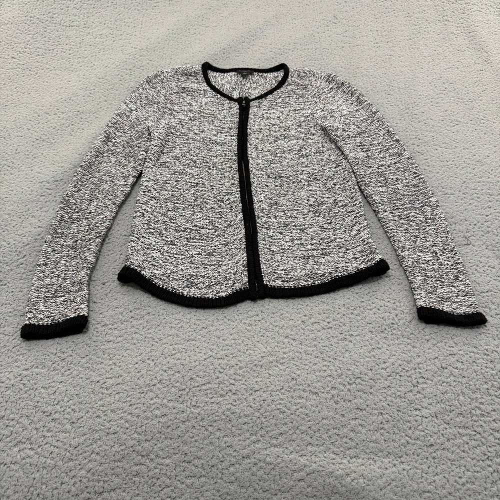 Ann Taylor Sweater Womens M Black White Marled Full Zip Knit Cardigan Jacket